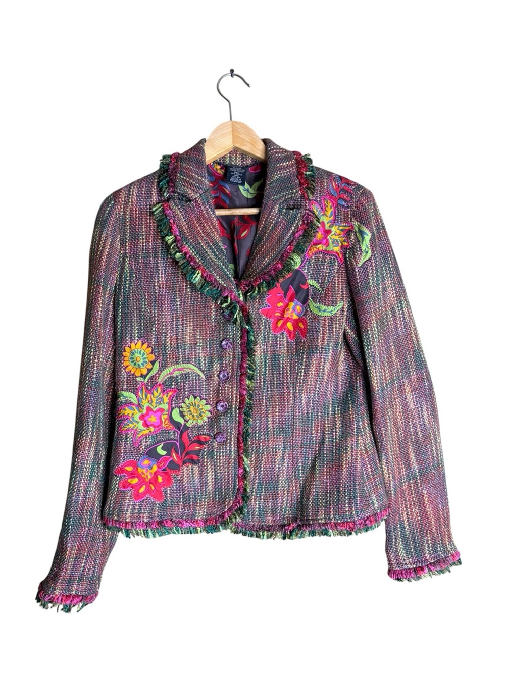 Harris Wallace New York Size 6 Multicolor Tweed Floral Appliqué Fringe Blazer